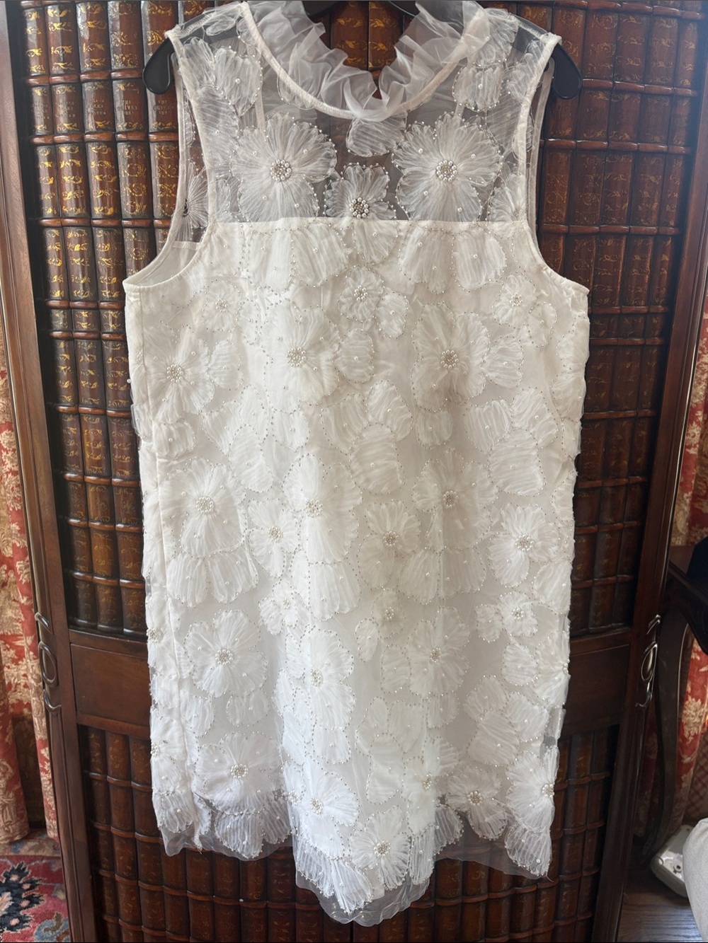 Ina tulle embroidered daisy w pearls and crystal beads dress w bow. NWT